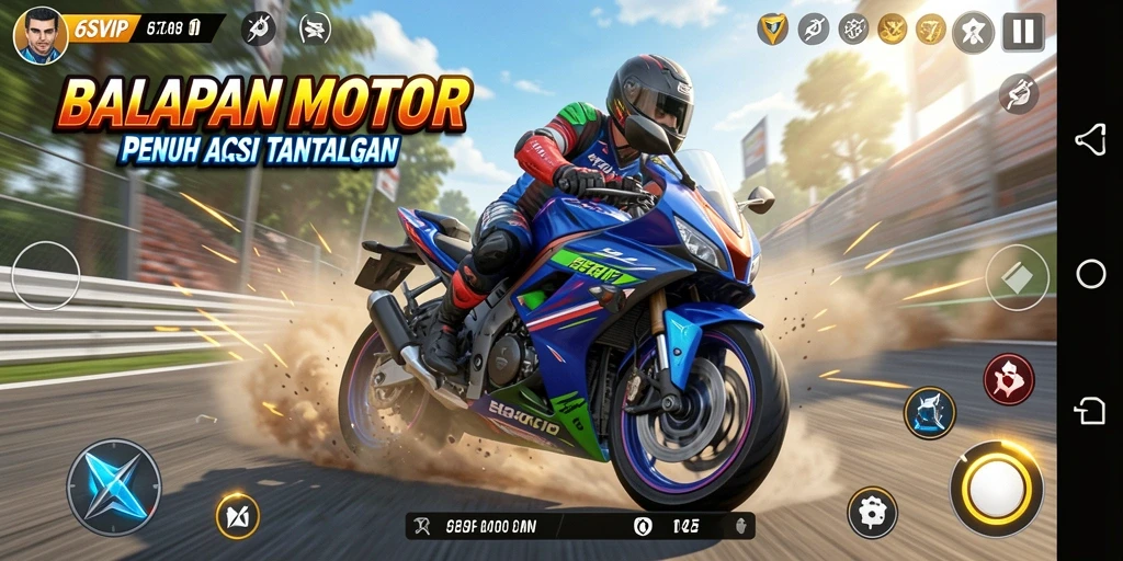Screenshot permainan 6SVIP menampilkan aksi balapan motor yang mendebarkan.