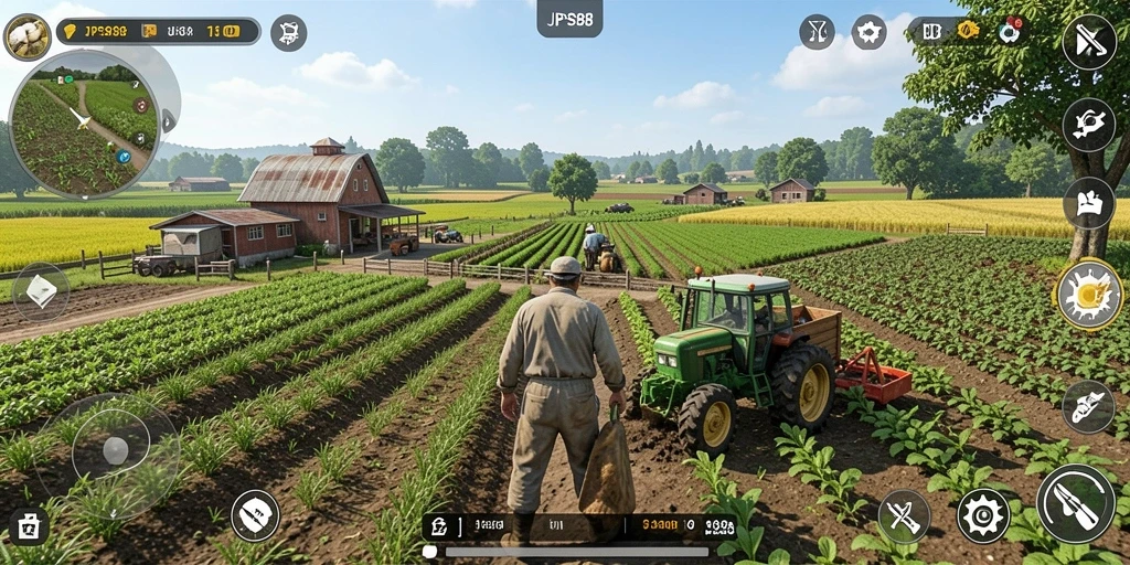 Tampilan gameplay JPS88 saat bertani di ladang hijau.