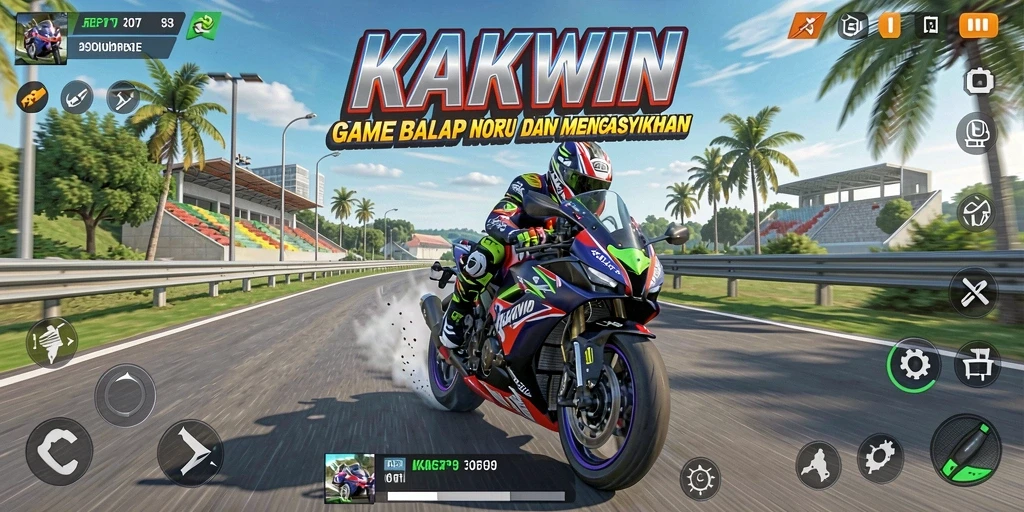 Screenshot KAKWIN menampilkan aksi balap motor yang cepat dan mendebarkan.