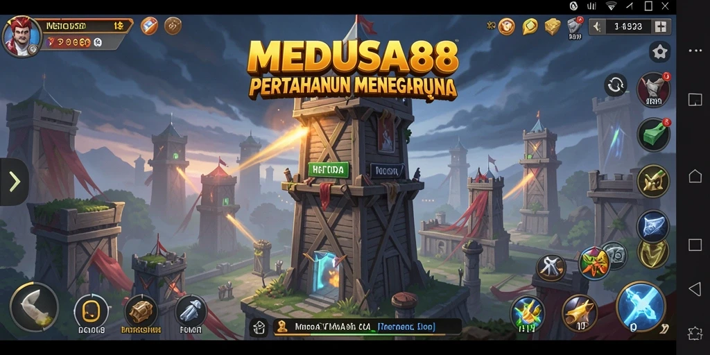 Tangkapan layar gameplay MEDUSA88 menampilkan aksi menara pertahanan yang menegangkan.