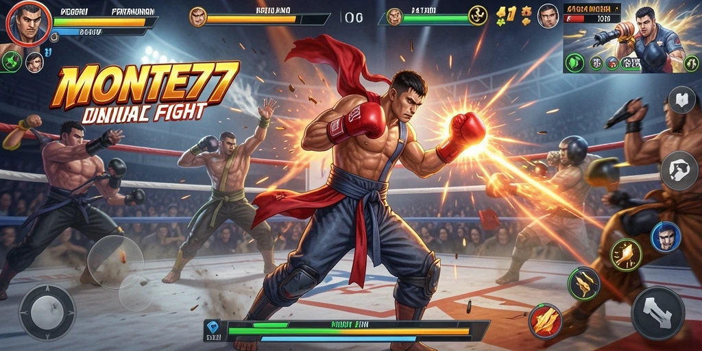 Gameplay MONTE77 dengan aksi pertarungan menarik dan karakter yang dinamis.