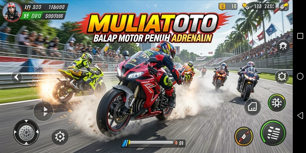 Screenshot utama MULIATOTO menampilkan aksi balapan motor yang mendebarkan.