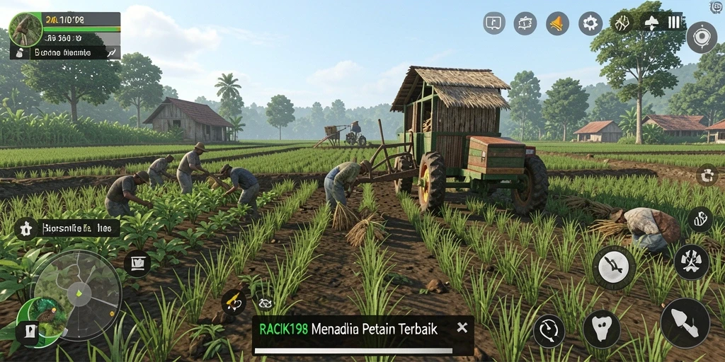 Tangkapan layar gameplay RACIK198 menampilkan kebun yang subur dan aktivitas pertanian yang dinamis.