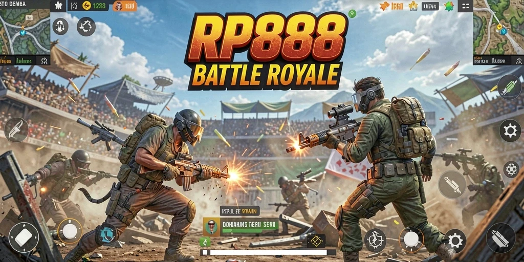 Screenshot utama RP888 menunjukkan aksi pertempuran intens di arena Battle Royale.